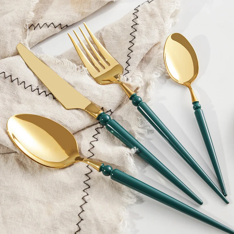 4PCS 18/10 Stainless Steel Spoon Fork Flatware Silverware Wedding Gold with Green Handle Spain Cutlery Set