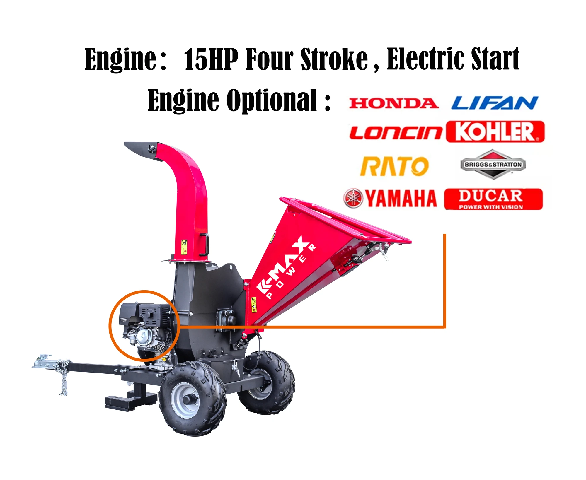 TUV CE Approved High Efficiency 15HP Four Stroke Fuel Saving Electric Start Mobile ATV Drum Wood Chipper Shredder