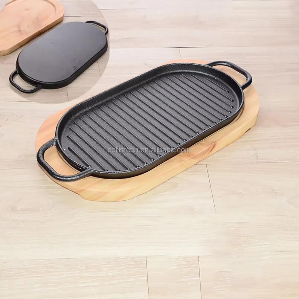 Hot Sale Cast Iron Sizzler Plate enamel coating BBQ Hot Grill Pan Griddle Plate Sizzling Beef baking tray with Wooden Tray Base