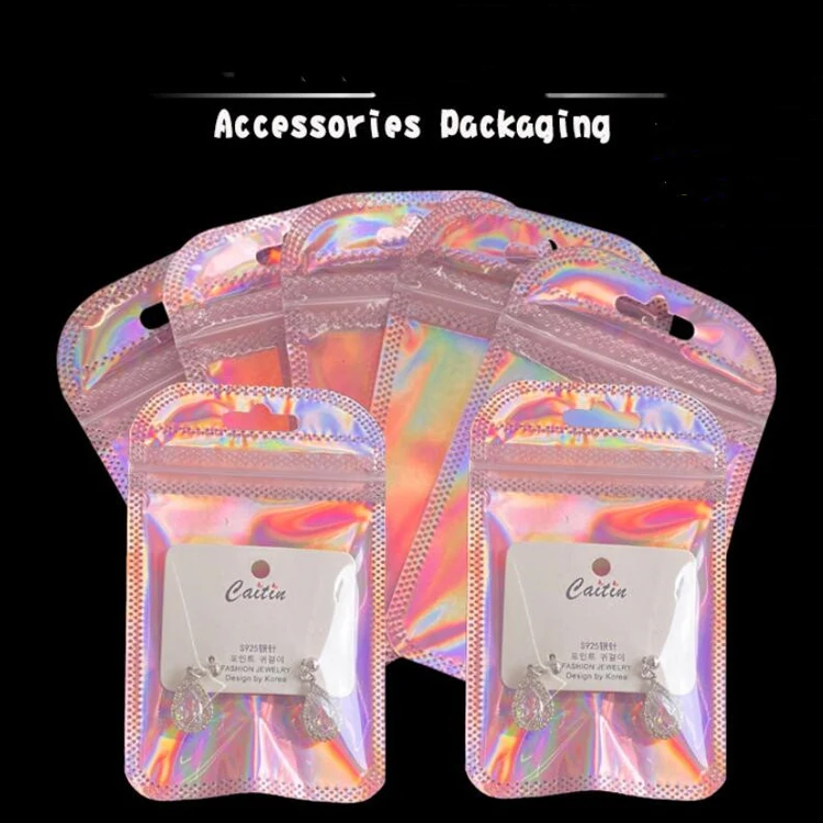 Wholesale Waterproof Small Mini Holographic Laser Pvc Zipper Ziplock Jewelry Cosmetic Flat Pouch Packaging Plastic Clear Bag