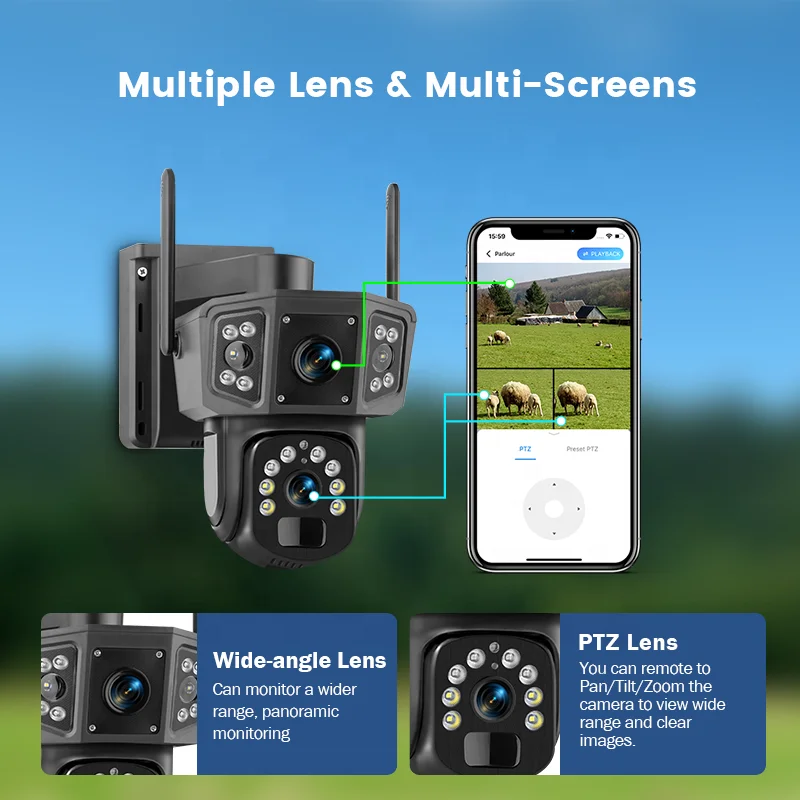 4MP Full Color Night Vision Solar Wireless Surveillance Camera Built-in 8000mAh Battery Multiple Lens Solar Camera With Tracking