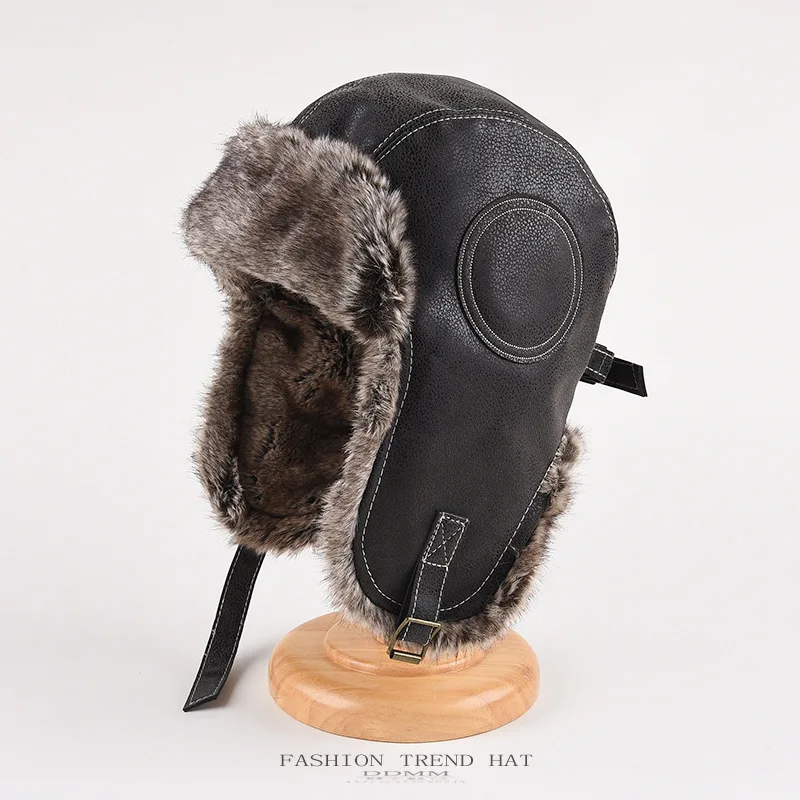 New Fashion Pilot Men Women Winter Thickened Warm Windproof Leather Earflaps Winter Trooper Hat with Large Aviator Hats