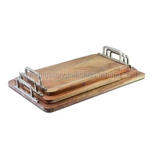 Rectangular Wooden Tray with Metal Handle