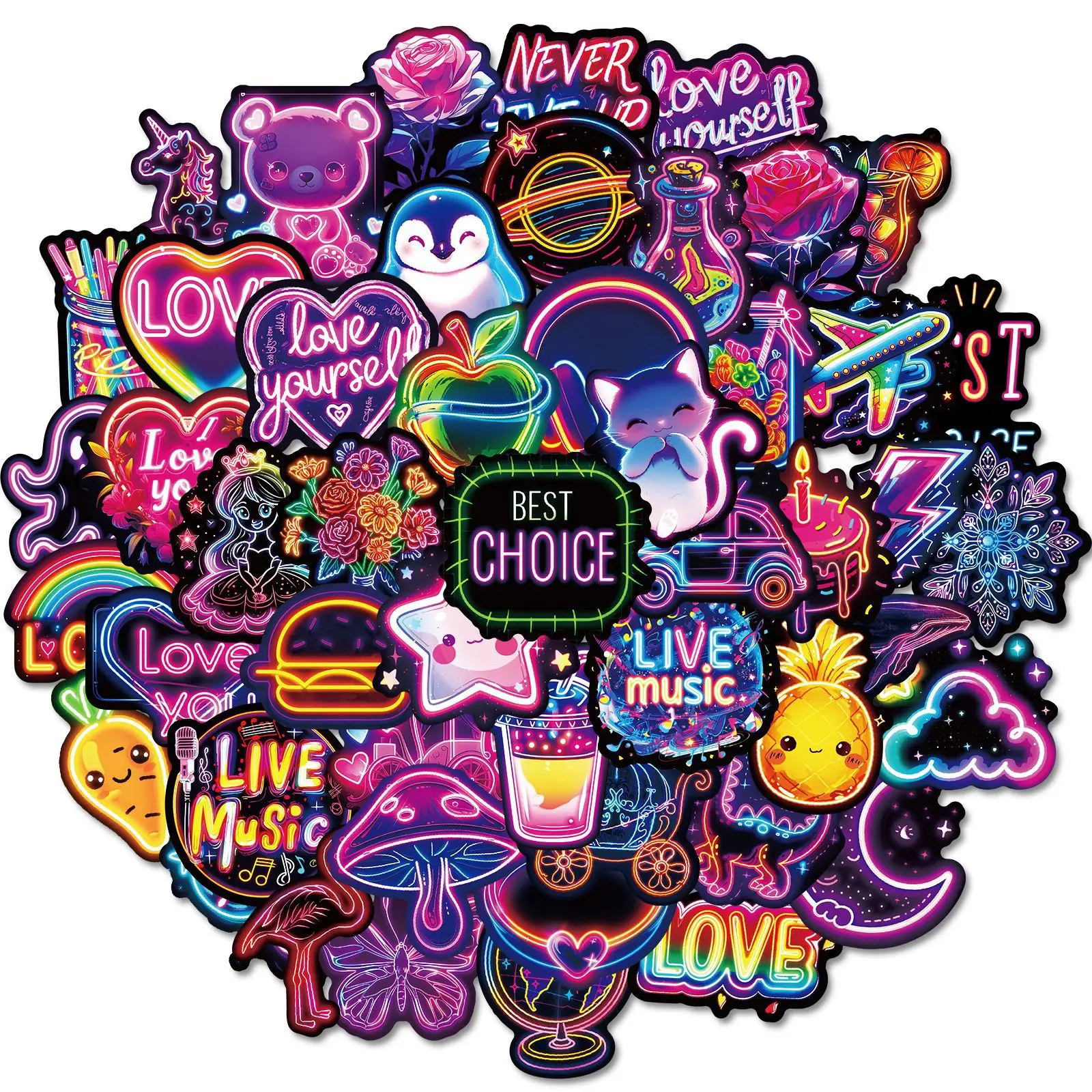 50Pcs Cute Cartoon Night Neon Graffiti Stickers For Bottle Wall Decor Children Bedroom Decor Toy Sticker
