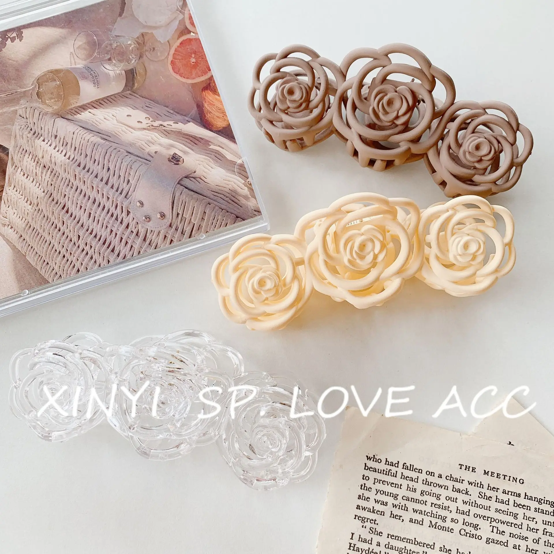 Rose Flower Pure Color Matte Plastic Retro Hair Clip Claw for Women Hair Decorations