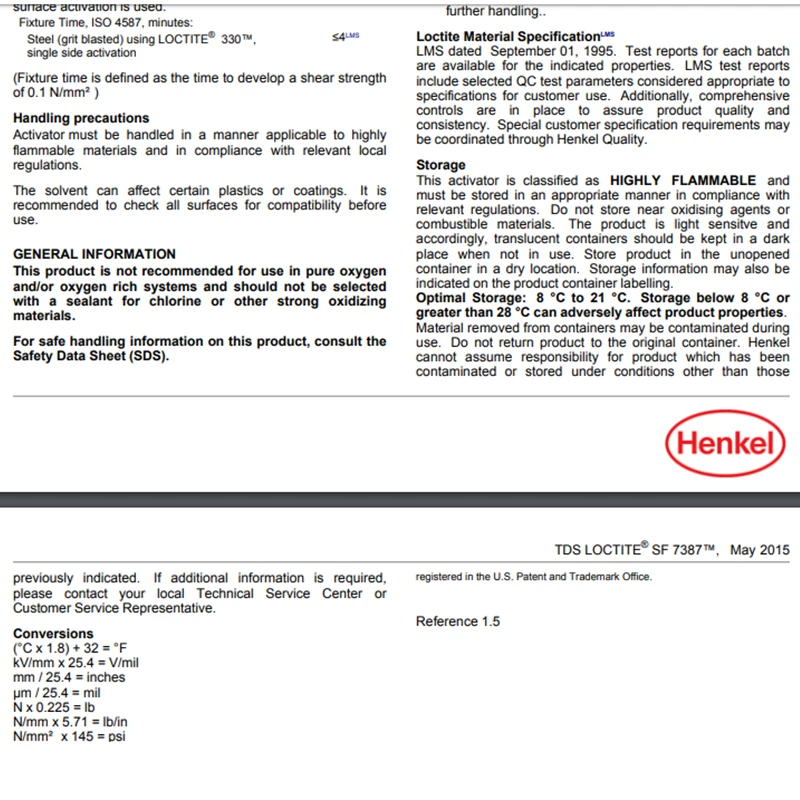 Henkel loctite SF7387  1.75 oz Liquid Activator  for  toughened acrylic adhesives & sealants transparent yellow to amber