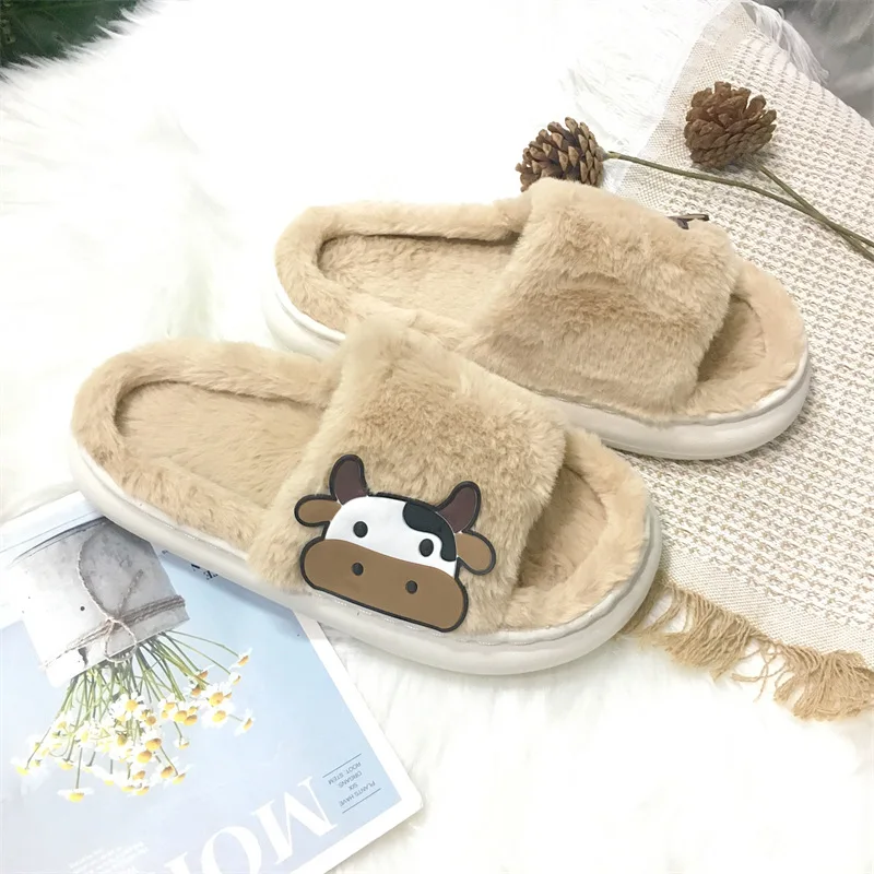 Cow Thick Fluffy Fur Slippers 2023 New Women Winter House Warm Furry Slippers Women Flip Flops Home Slides Flat Indoor Shoes