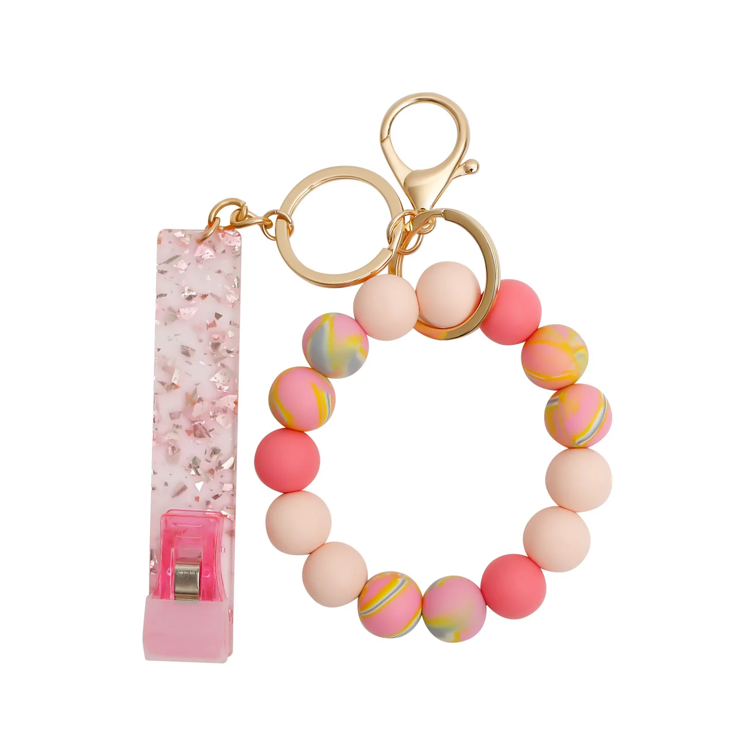 Keychain Silicone Beads Bracelet Wristlet with Credit Card Puller Women Long Nails ATM Keychain