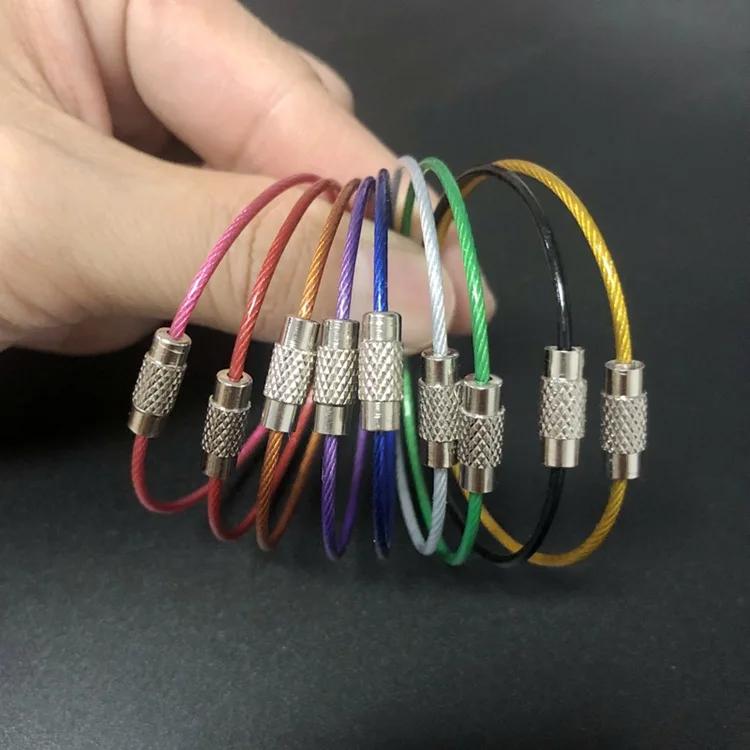 Assorted Colored Screw Locking Metal Stainless Steel Wire Cable Wire Keychain Loops 1.5 X150mm String for Luggage