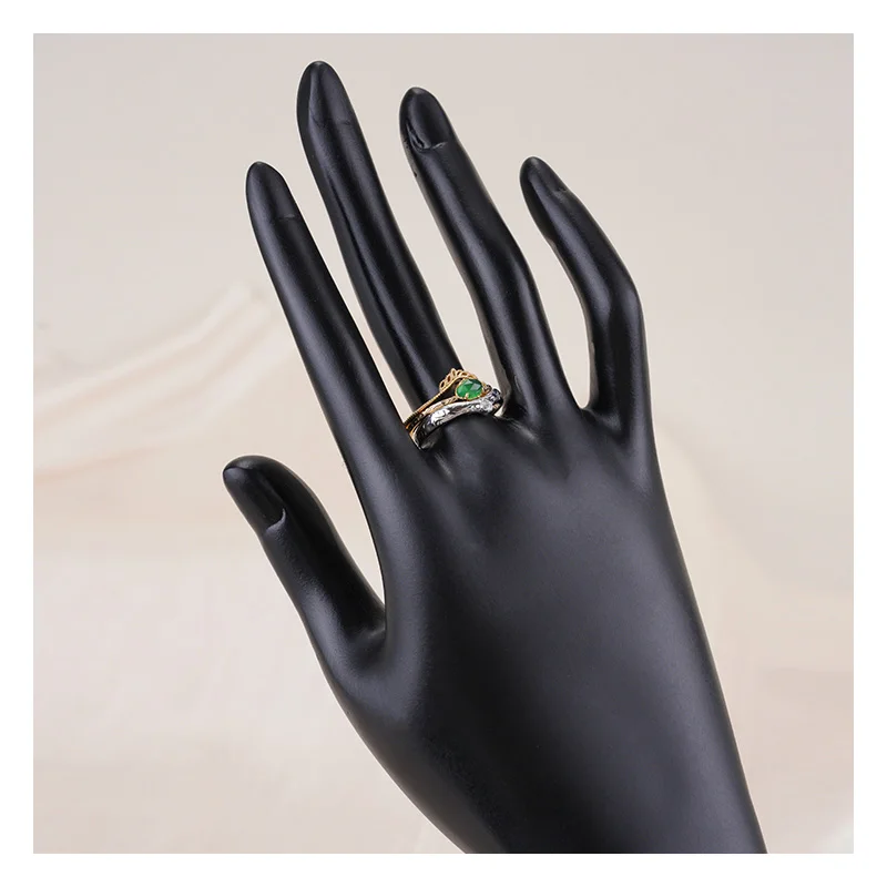 925 Sterling Silver 14K Gold Plated Gemstones Christmas Vintage Leaf Carving Natural Green Chalcedony Ring