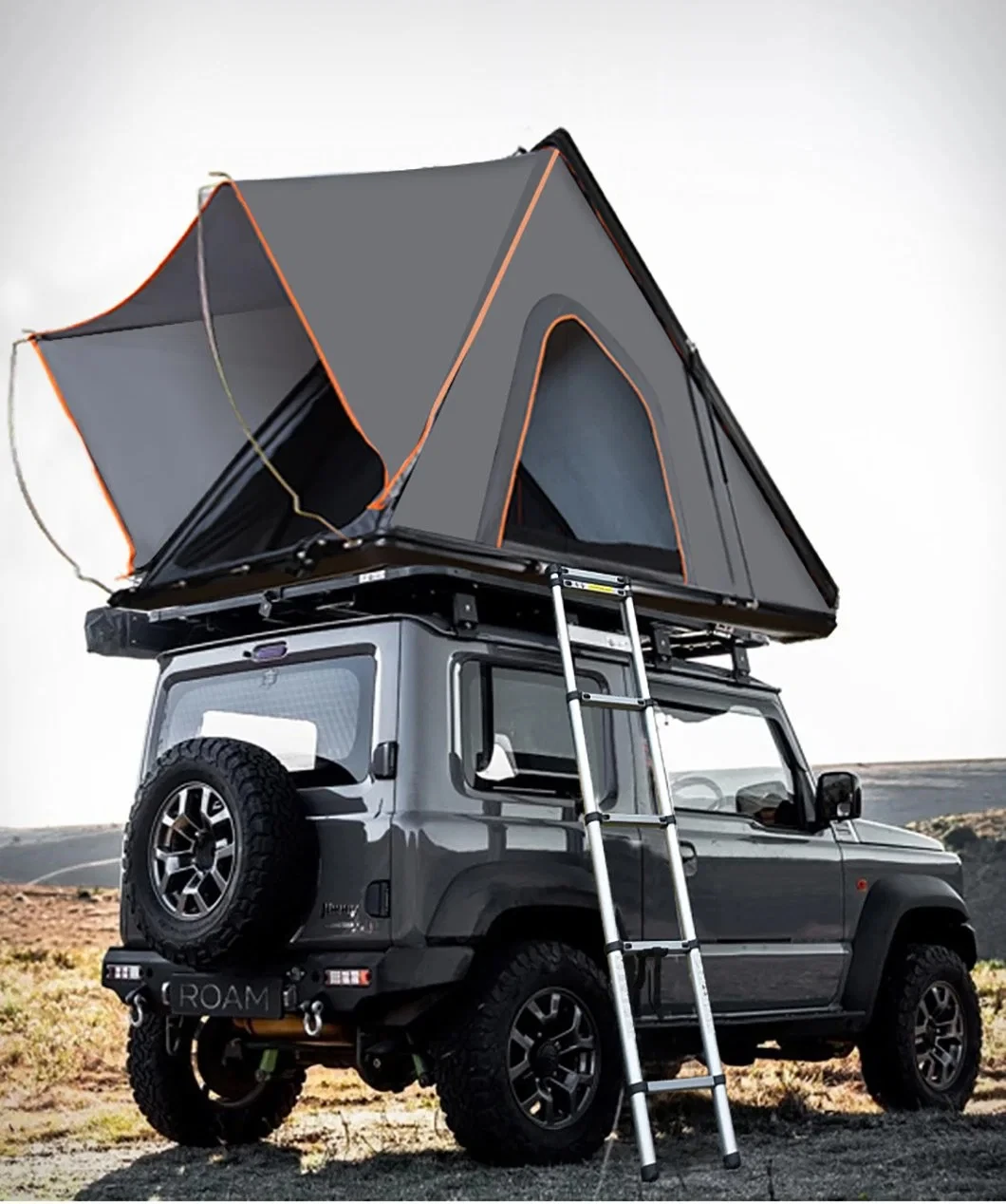 Camping Aluminum 4 Person Top Roof Tent, Triangle Car Rooftop Tent Clamshell Black Gray Hard Shell Roof Top Tent
