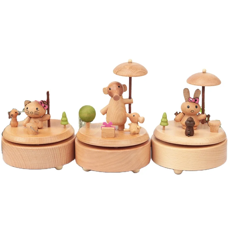excellent quality beech wood Japanese style animals music box for children