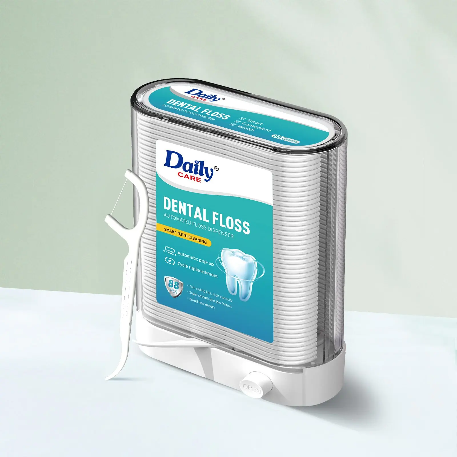 Automatic floss pick dispenser, available in two sizes of 88 and 100 toothpicks.