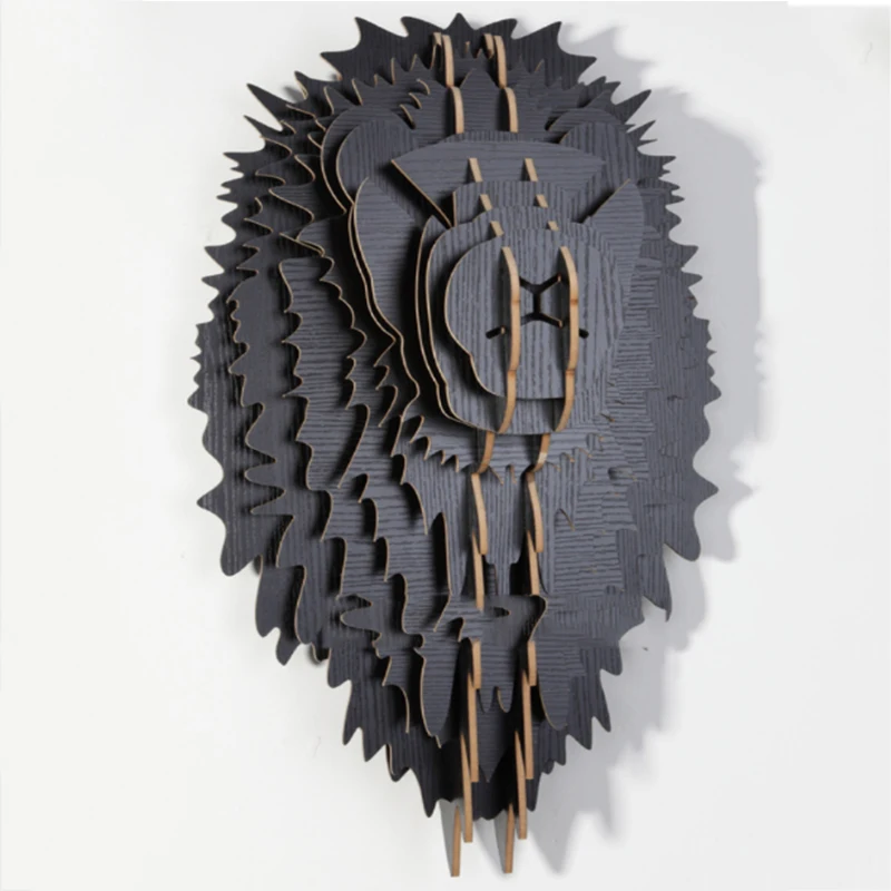 Nordic creative simple Wooden Lion Animal Head 3D Wall Art Hanging
