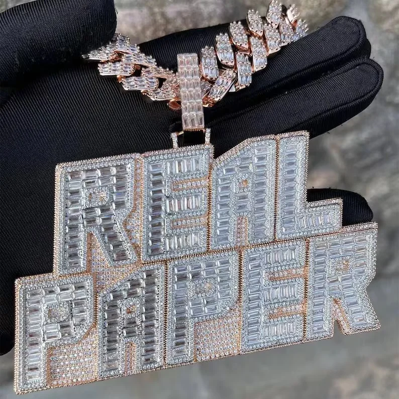 Iced Out baguette Diamond Custom Name Pendant vvs moissanite cuban chian pendant for men