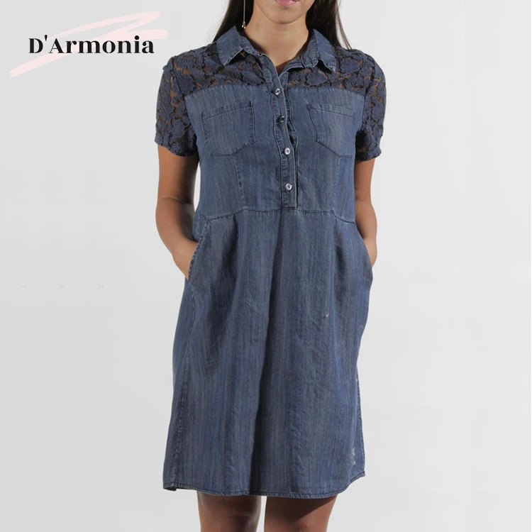 Wholesale Short Sleeve Lapel Casual Dress 100% Tencel Dark Blue Womens Dresses