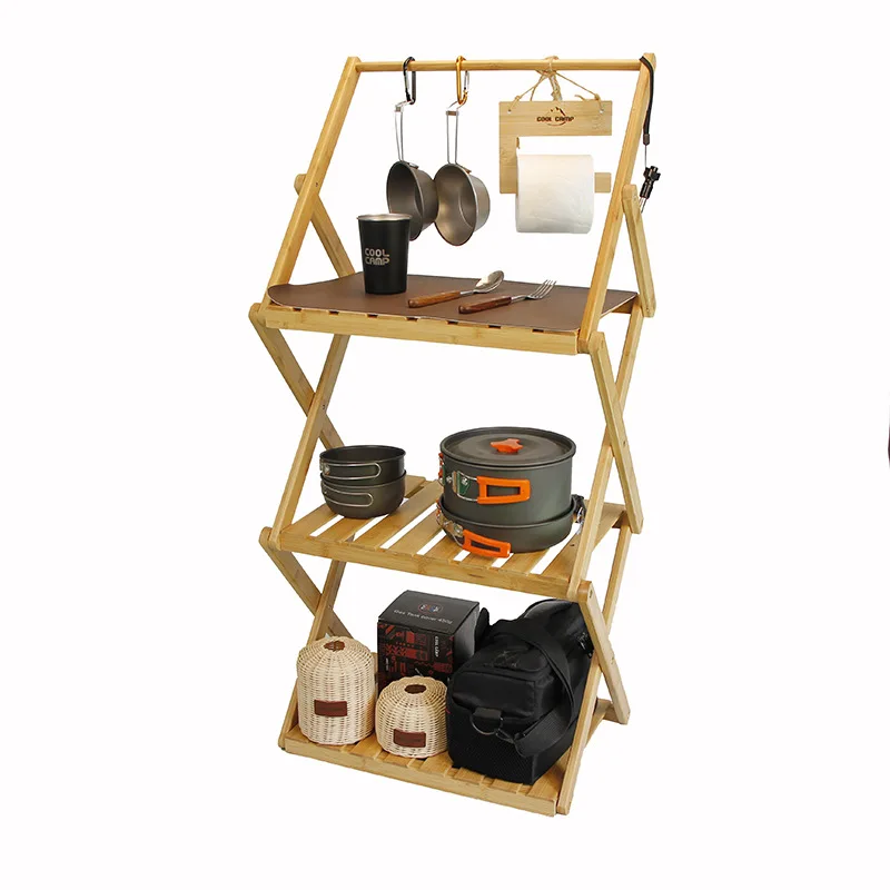 BETTTERALL Multi-Function Outdoor Camping Three Layers Wooden Storage Shelf 2 in 1 Wood Storage Shelf Outdoor Folding Table