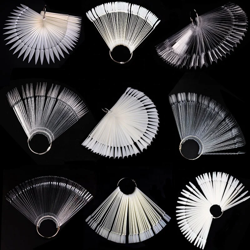 50Pcs/Set False Nail Tips Practice Clear Natural Black Nail Art Display Oval Fan Style Swatch Polish Nail Display Tips
