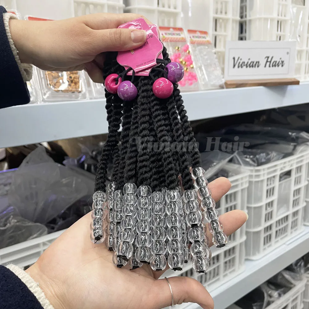 Vivian hair products wholesale kids ponytail extensions with beads braided ponytail beads for kids colorful acrylic clear beads