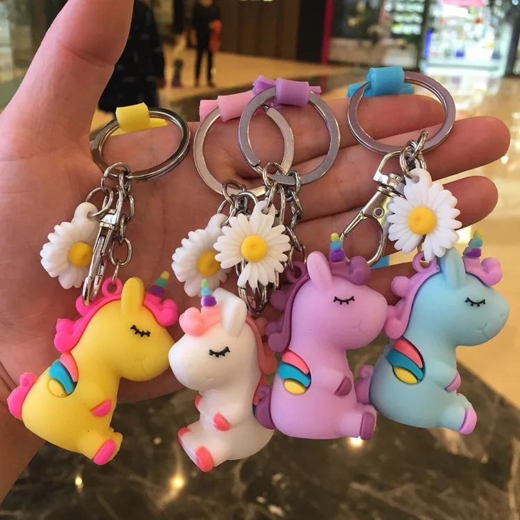 Time Slow Amazon Gifts Craft Girl Cute Car Key Chain Bag Hanging Cartoon Rainbow Pony Buckle Unicorn Rubber Keychain Accessories