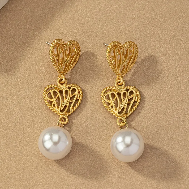Trade assurance suppliers gold plated pearl drop earrings jewelry fashion hollow heart shape earrings for women