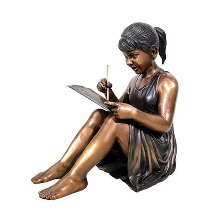 Garden Decoration Life Size Metal Figure Sculpture Bronze Brass Sitting Girl Drawing Statues For Sale
