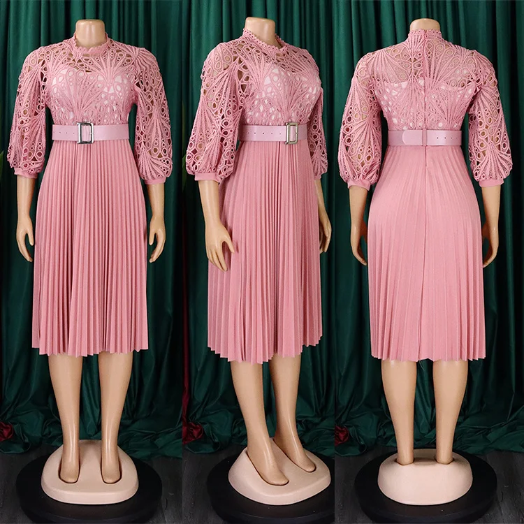 Summer Large Size Women Sexy Hollow Pleated High Waist Dress Elegant Gold Shoulder Evening Wedding Outfit Lace Party Dresses