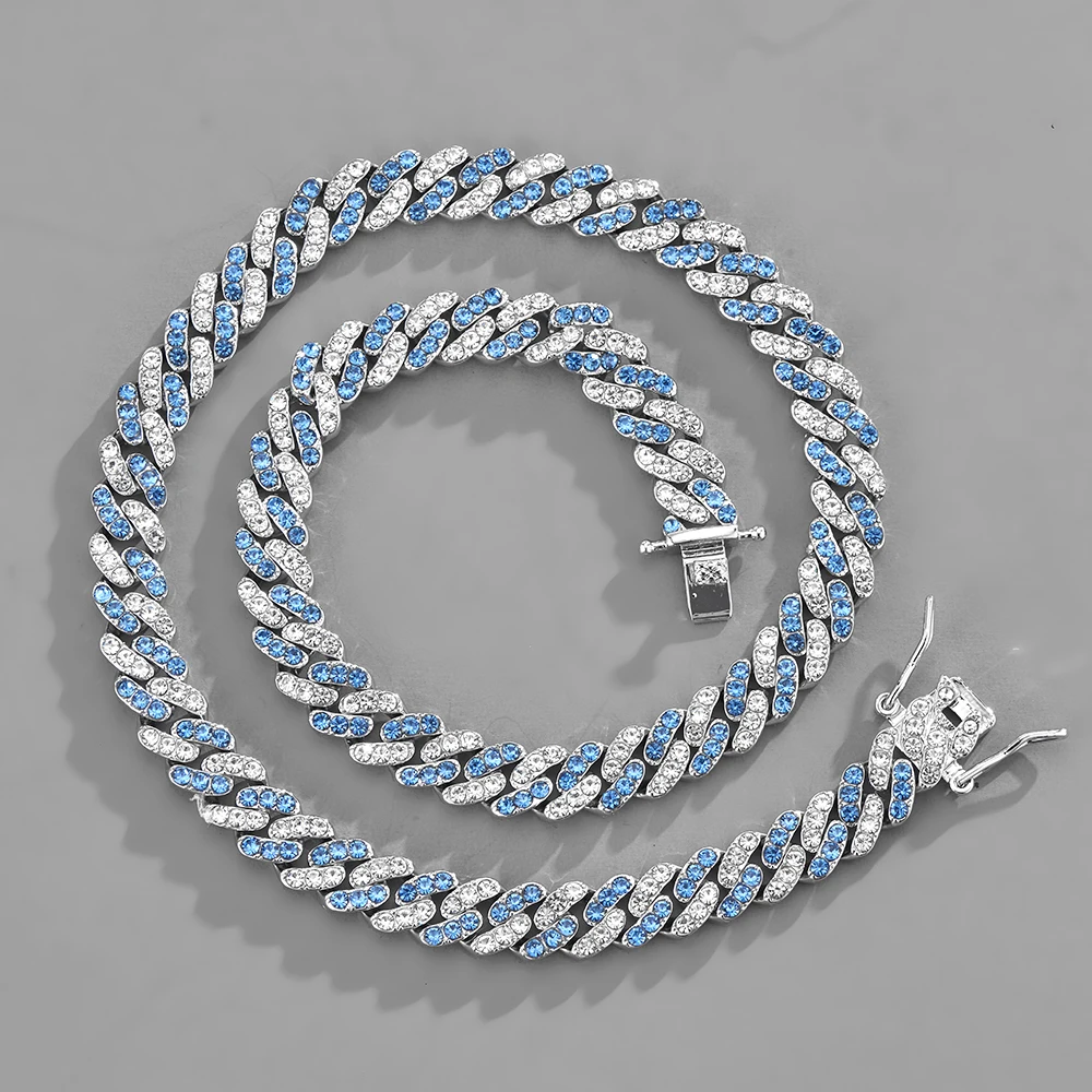 Luxury ladies Cuban Two-color Rhinestone Necklace Hip Hop Trendy Link Chains 9 mm Blue Rhinestone Bracelet Chokers Jewelry Gift