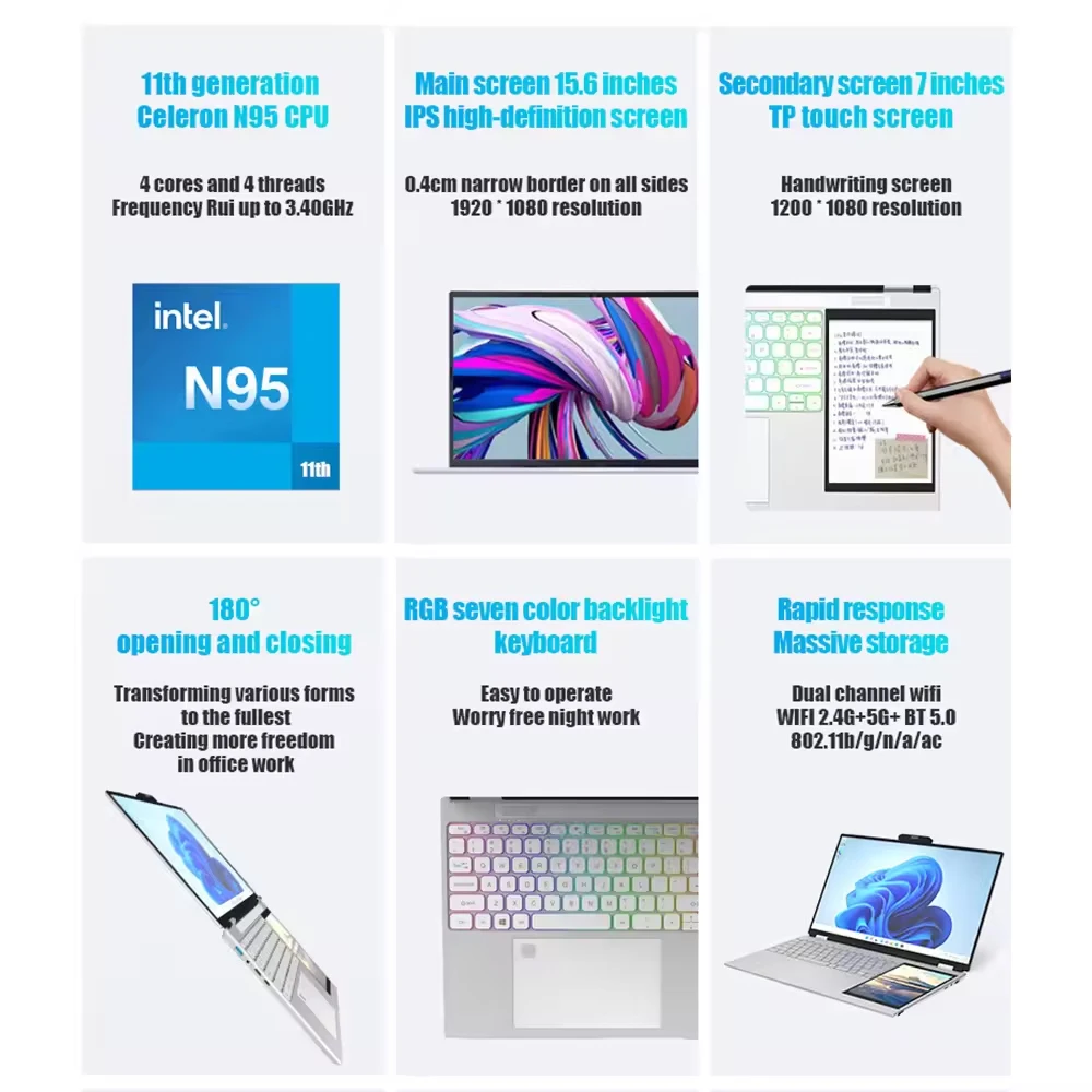 Оригинальное заводское Новое поступление Intel N100 15 6 + 7 дюймов двойной экран 16 ГБ оперативной памяти 1 т SSD ноутбук для домашних ноутбуков