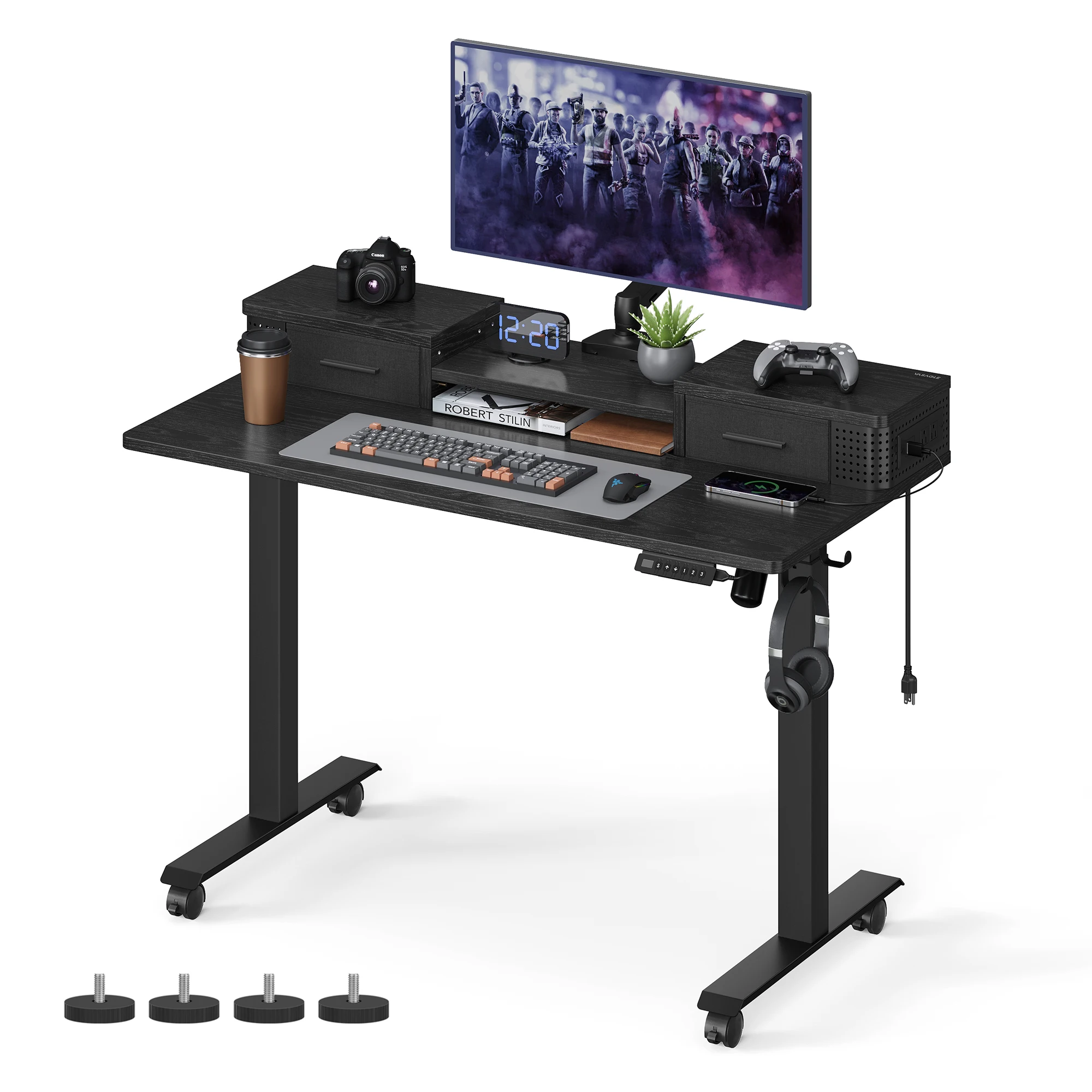 VASAGLE Office Adjustable Height Sit Stand Desk Built-in Power Strip Electric Standing Desk with wheels
