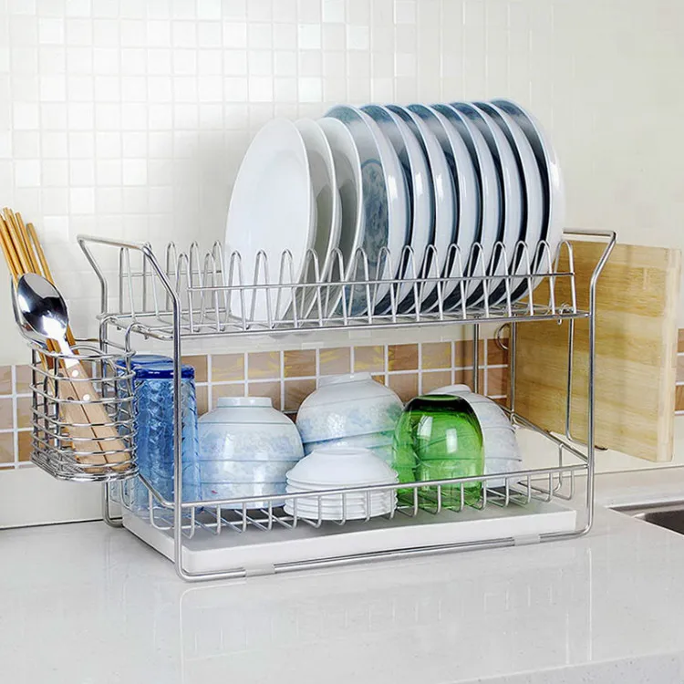 wholesale 2-tier Stainless Steel Kitchen Sinkware Plate Tray Metal Dish Drying Rack With Drip Tray
