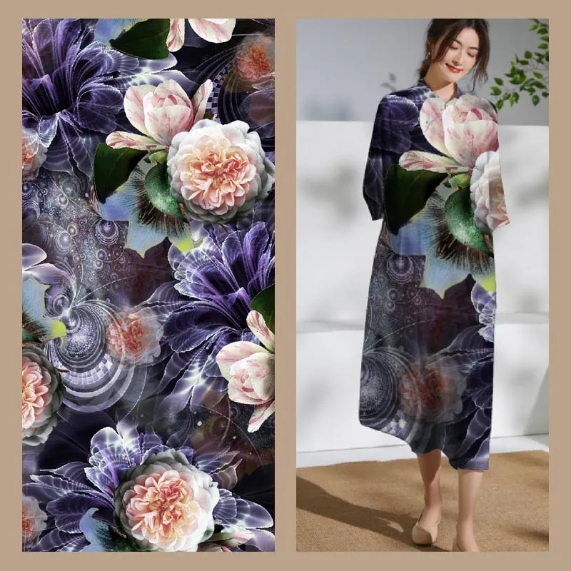 Factory low price custom 100D big flower silk printing fabric