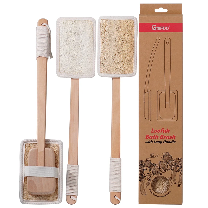 Double sides loofah Natural Exfoliating Loofah Luffa Back Sponge Scrubber Brush with Long Wooden Handle Bath Spa Detachable