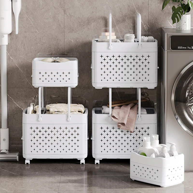 New multifunctional bathroom organizer storage trolley folding laundry basket foldable plastic storage basket with wheels