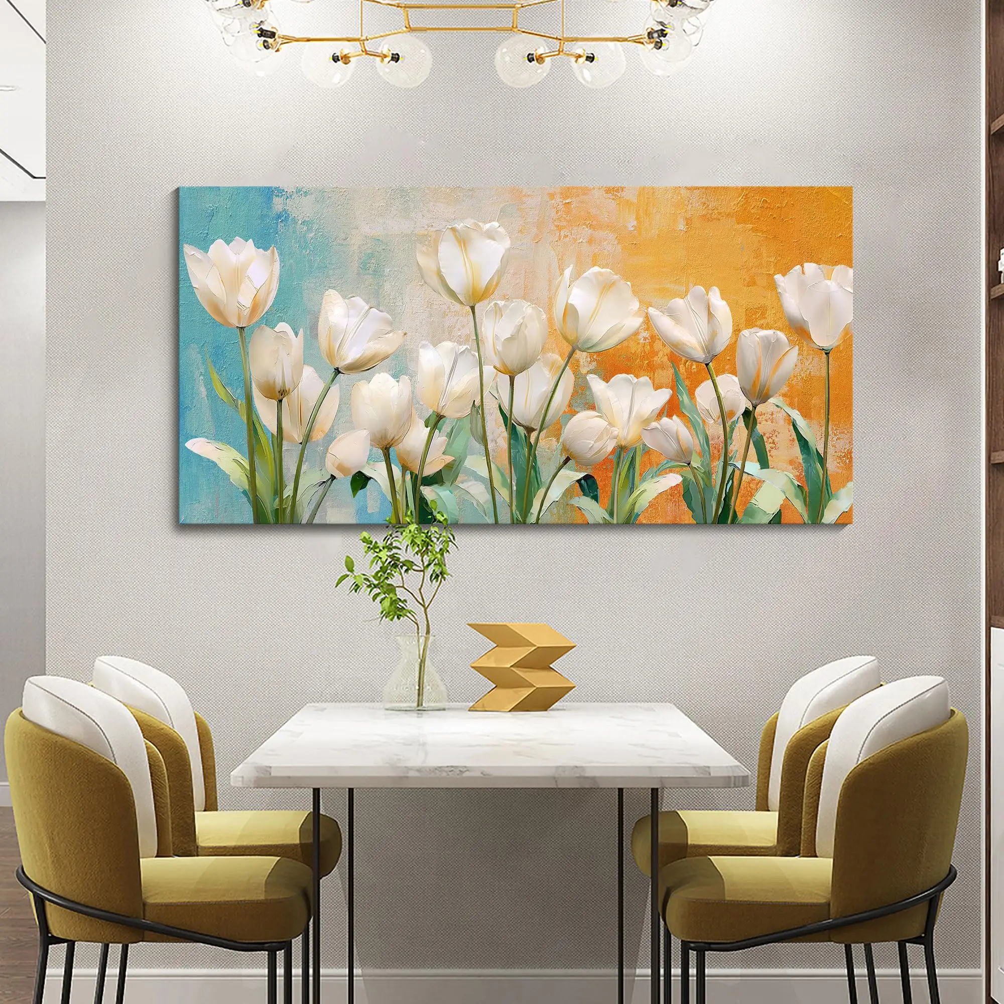 SQ white tulip flower canvas print wall decor large painting wall art multi-layer visual painting for living room