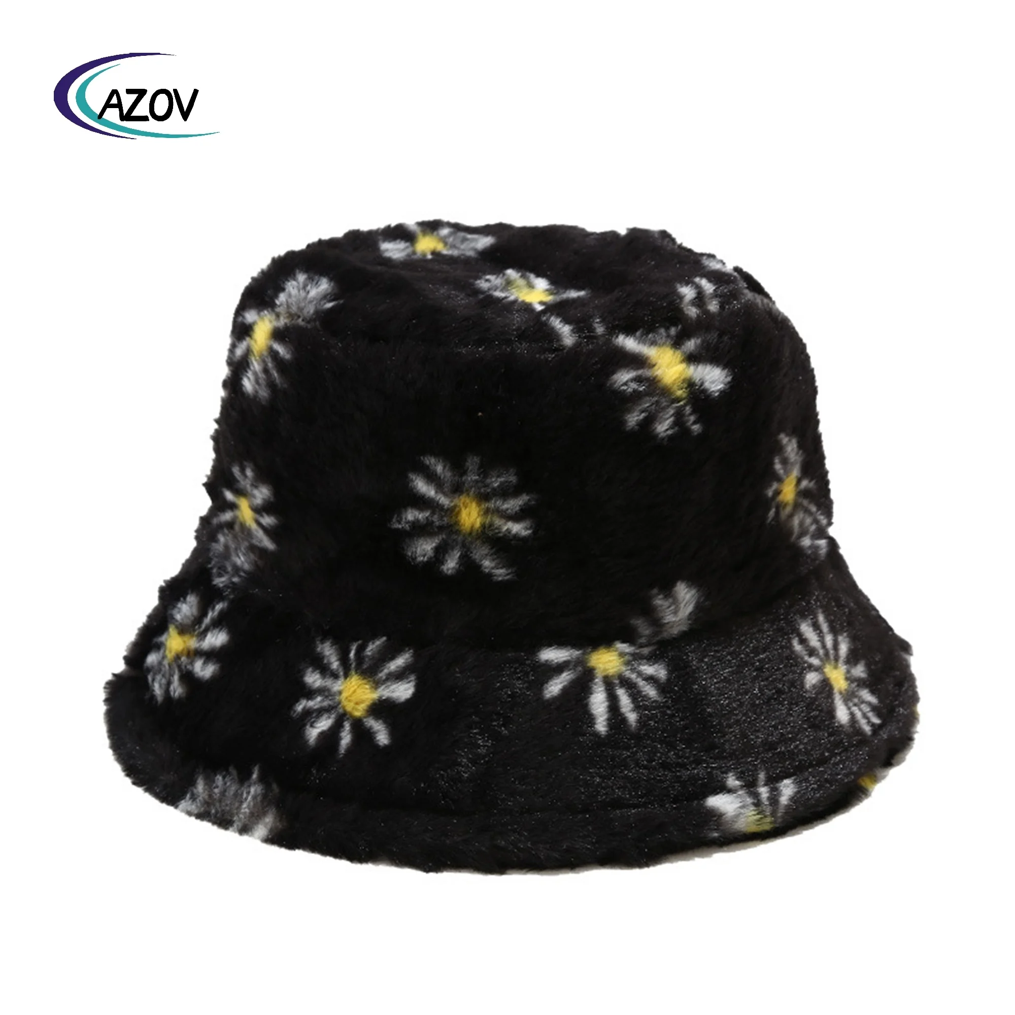 2025 Winter New Small Chrysanthemum Pattern Bucket Hat Plush Fried Street Travel Warm Imitation Rabbit Fur Bucket Hat