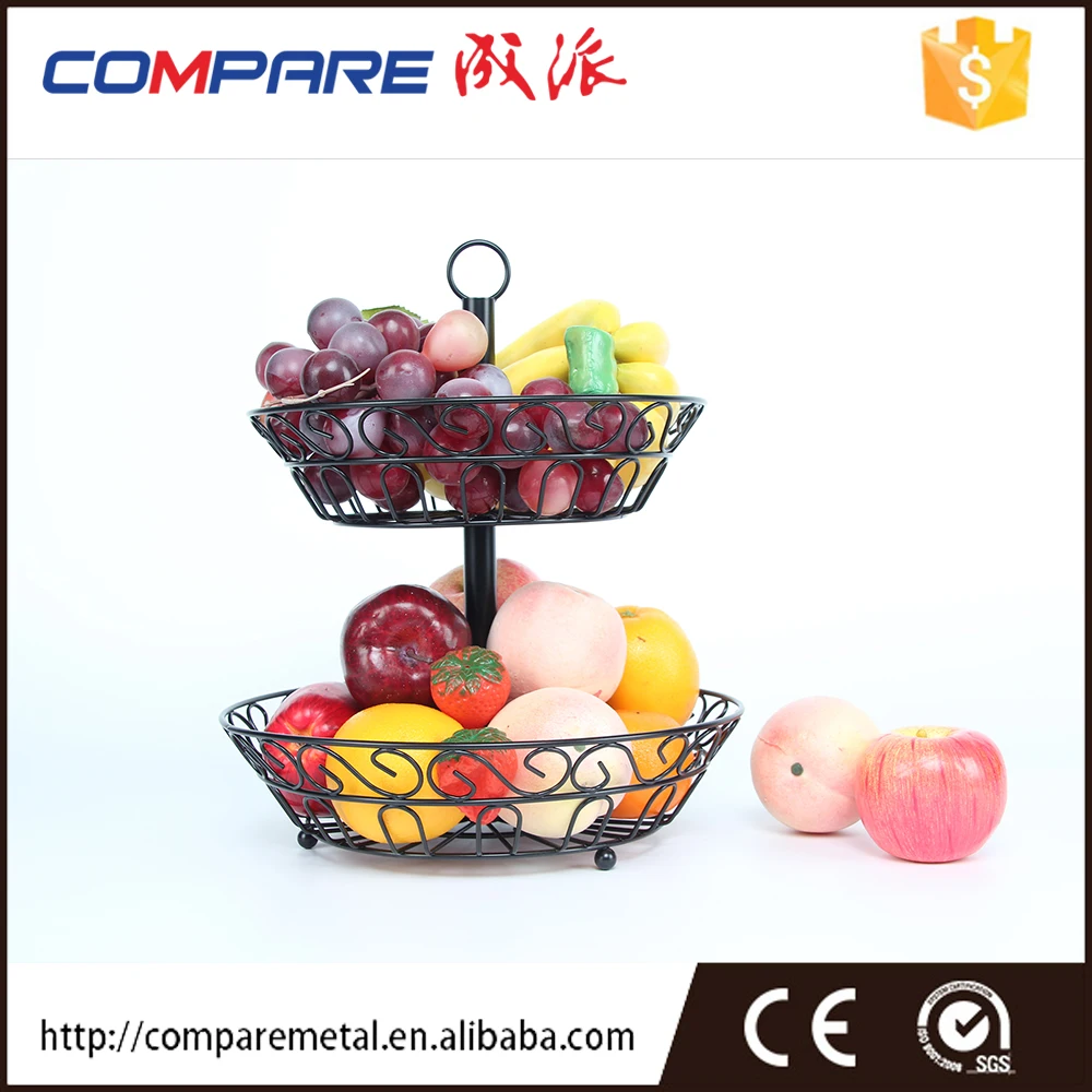 2-Tier XL Size Household Metal Hanging Fruit Bowl Stand Decorative Vegetable Basket with SUS Bowl for Kitchen Storage