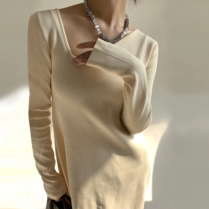 Soiling pure color asymmetrical neck pullover knitwear elegant Design sense niche knit dress women long sleeve base skirts