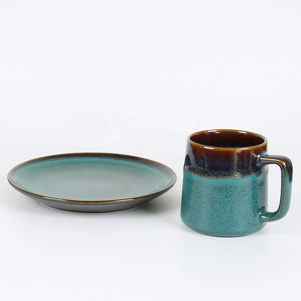 Custom printed flat round fambe dinner plate stoneware reactive dinnerware sets