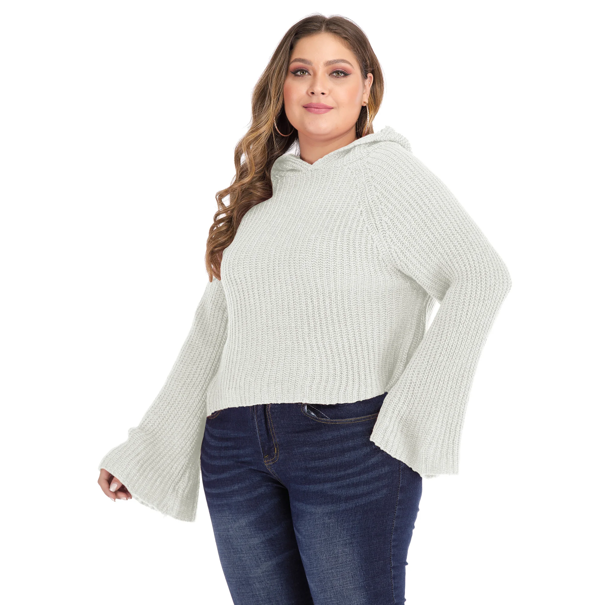 Plus Size Women Flare Sleeve Hooded Ladies Knit Pullover Sweater for Fat Women