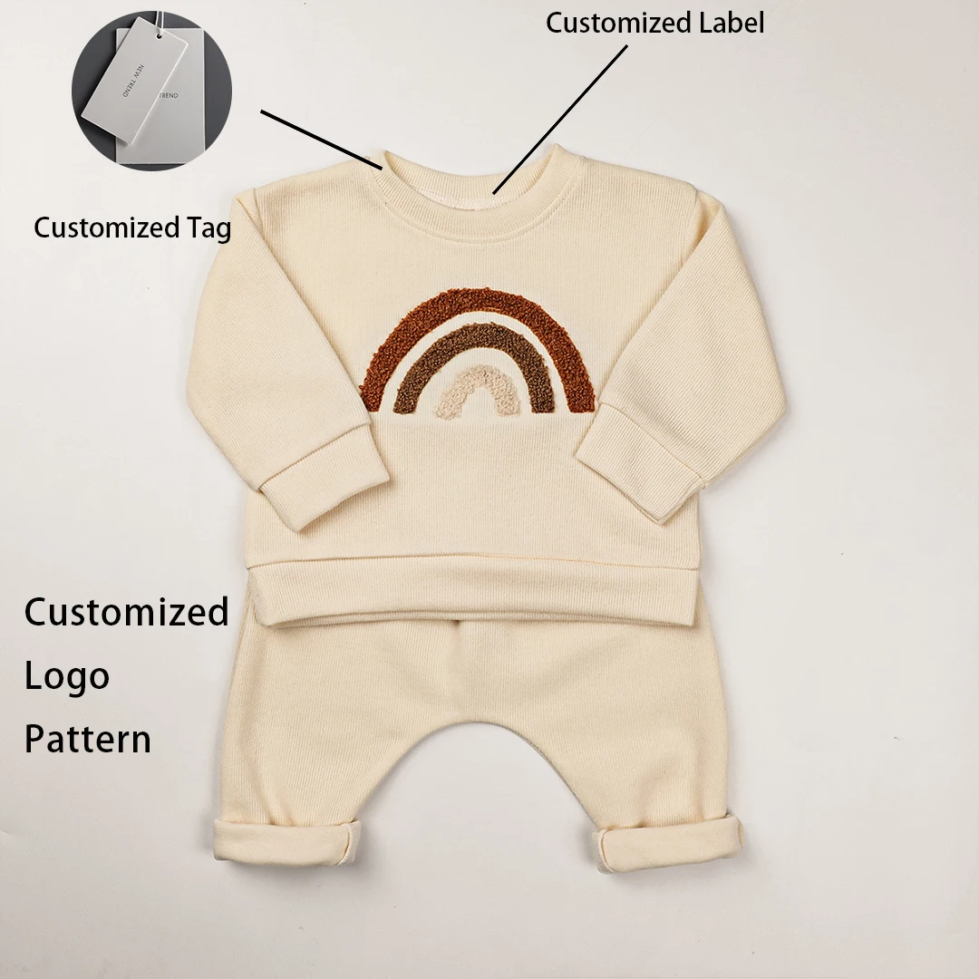 High Quality Baby Clothes Set Hoodies Fabric Long Sleeve Chest Print Rainbow Kids Toddler Clothes Tracksuit