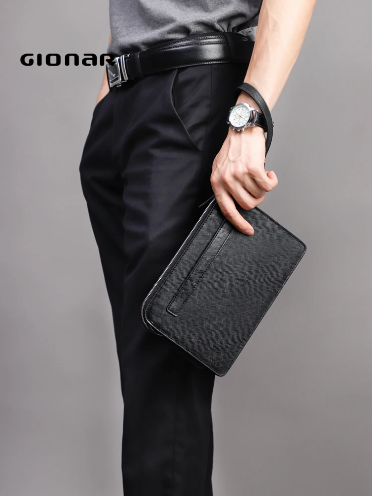 Factory Custom Genuine Leather Clutch Wallet Men Portable Business Bank Card Purse Fashion Black Zipper Clutch Bag for Men