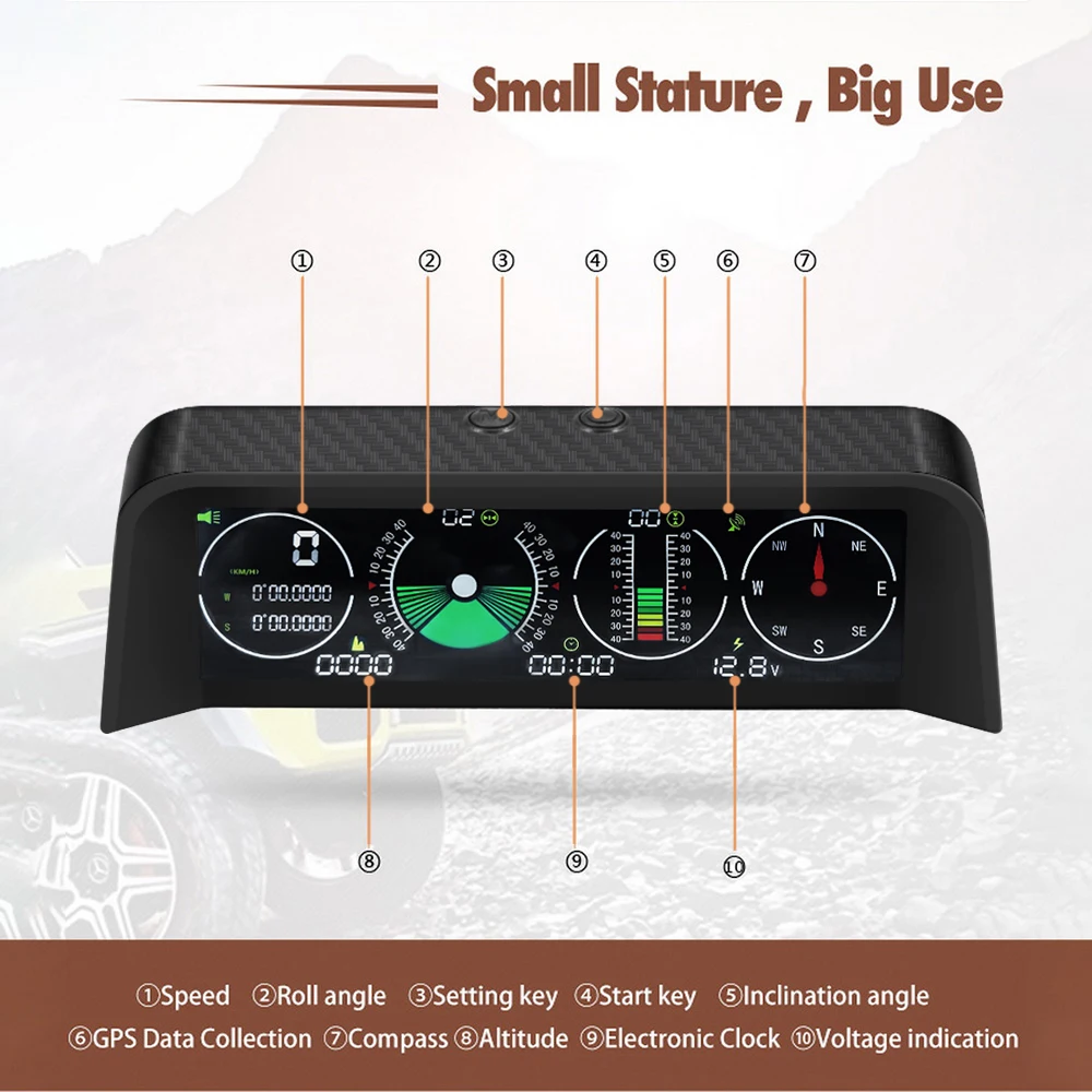 Vjoycar Auto Inclinometer Pitch Angle Alarm Off-road Latitude Longitude Display S90 Gps Slope Meter HUD