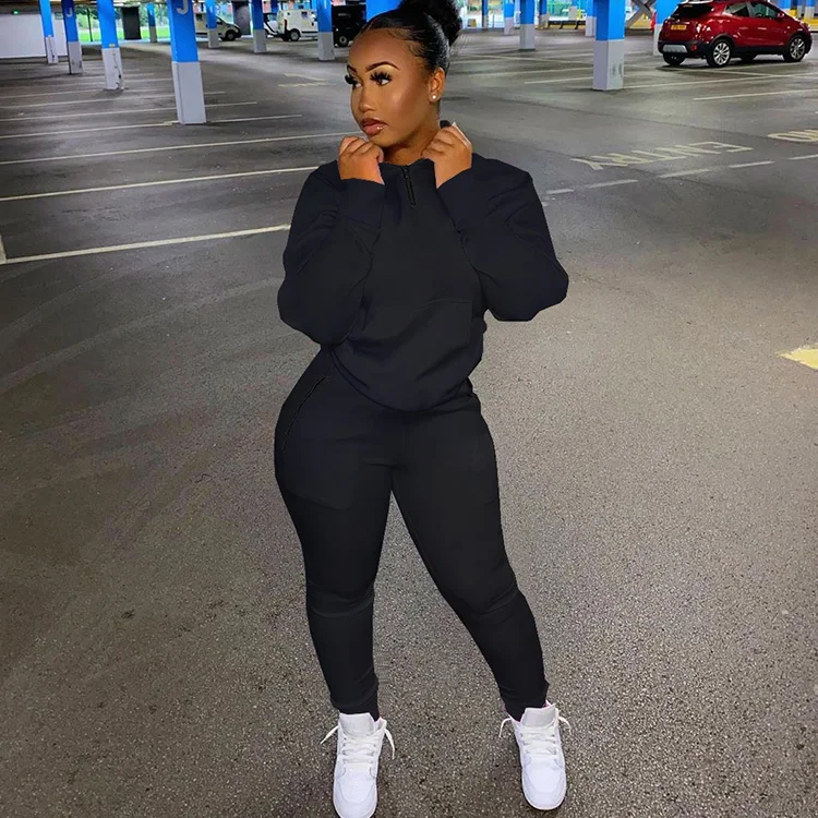 Custom Fall Winter Zip Stand Collar Sweatshirt Two Piece Set Solid Casual Outfits Pockets Pants Sweat Suit Tracksuits For Women