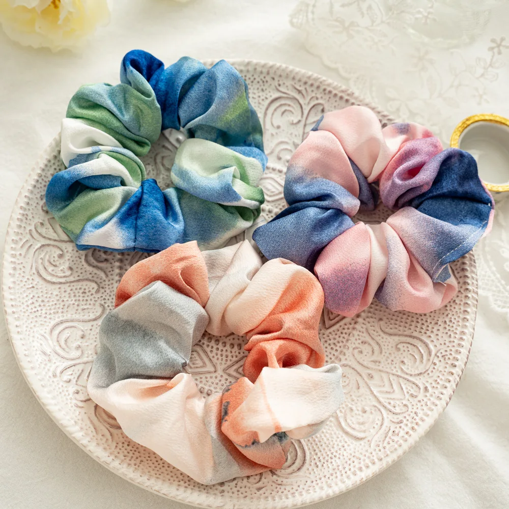 hot selling wholesale Chiffon Tie-Dye Hair Scrunchies Good Quality fashion trendy Custom Tie Dye Bow Scrunchies for girls