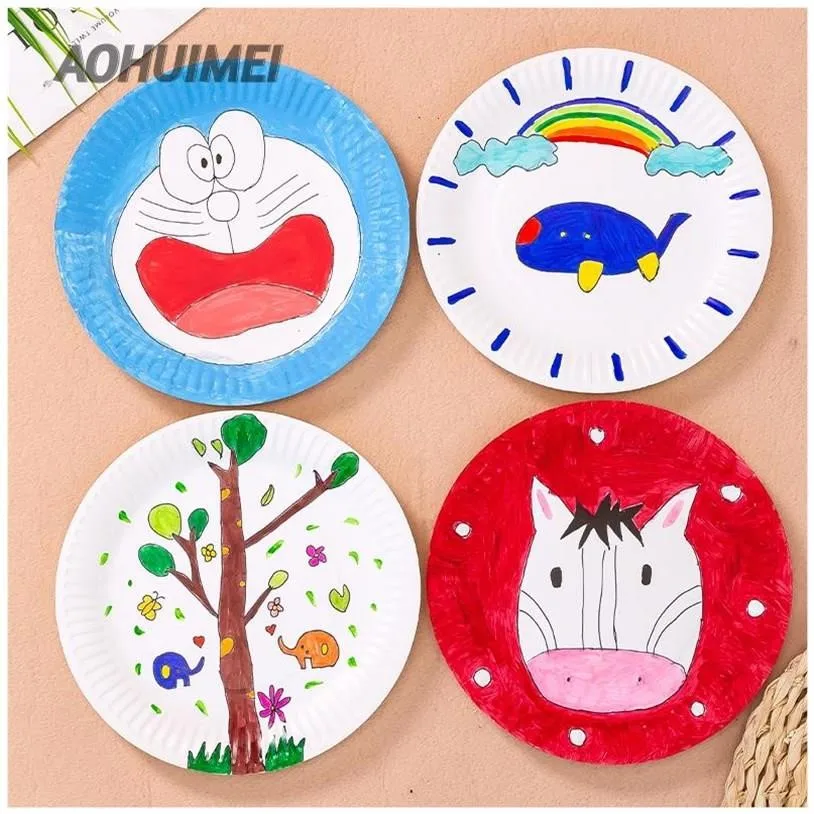 Wholesale Kindergarten Creative Handmade DIY Colorful Paper Plate Art Decal Disposable Circular 7-inch Cake Plate 50