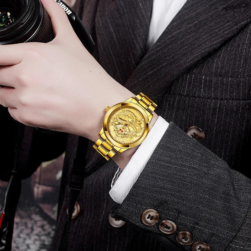 Luxury Gold Mens Watches Top Brand Fashion 3D Dragon Face Wristwatches Men Business Dress Watch Relogio Male