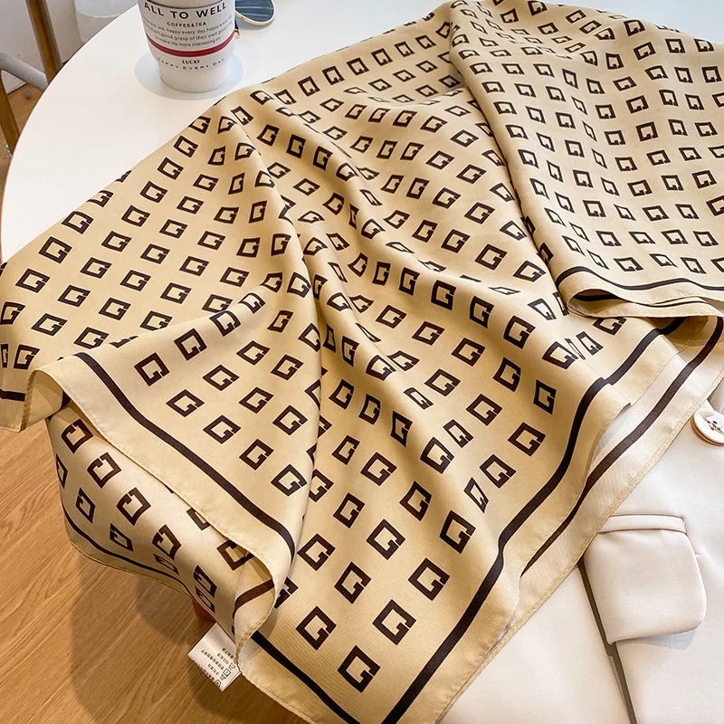 Custom Design Printing Silk Twillies Women Polyester Ribbon Hair Head Scarves Check Twill Scarf Square