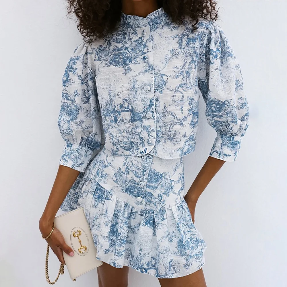 Chinese-style Two Piece Sets Printing Top Pajamas Modern Mandarin Collar Printed Fitted Short A-line Skirt Suit