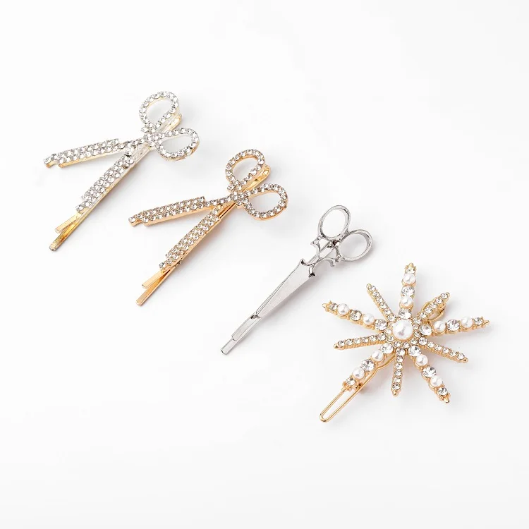 Factory direct sales Ms four-piece metal scissors shape diamond decoration hairpin party hair clips combination suit